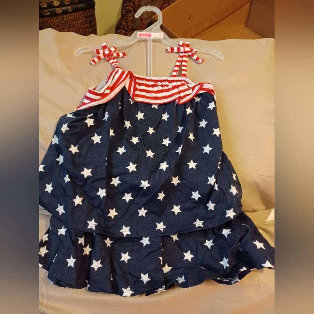 Navy Blue Star Print Dress with Red Stripes